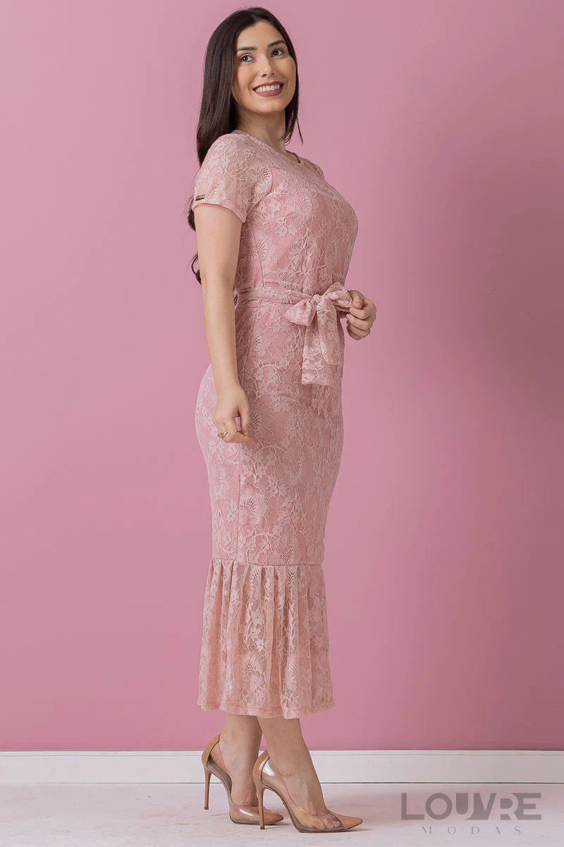 Vestido rosa Midi em Renda toda trabalhada - Lançamento Moda Evangélica