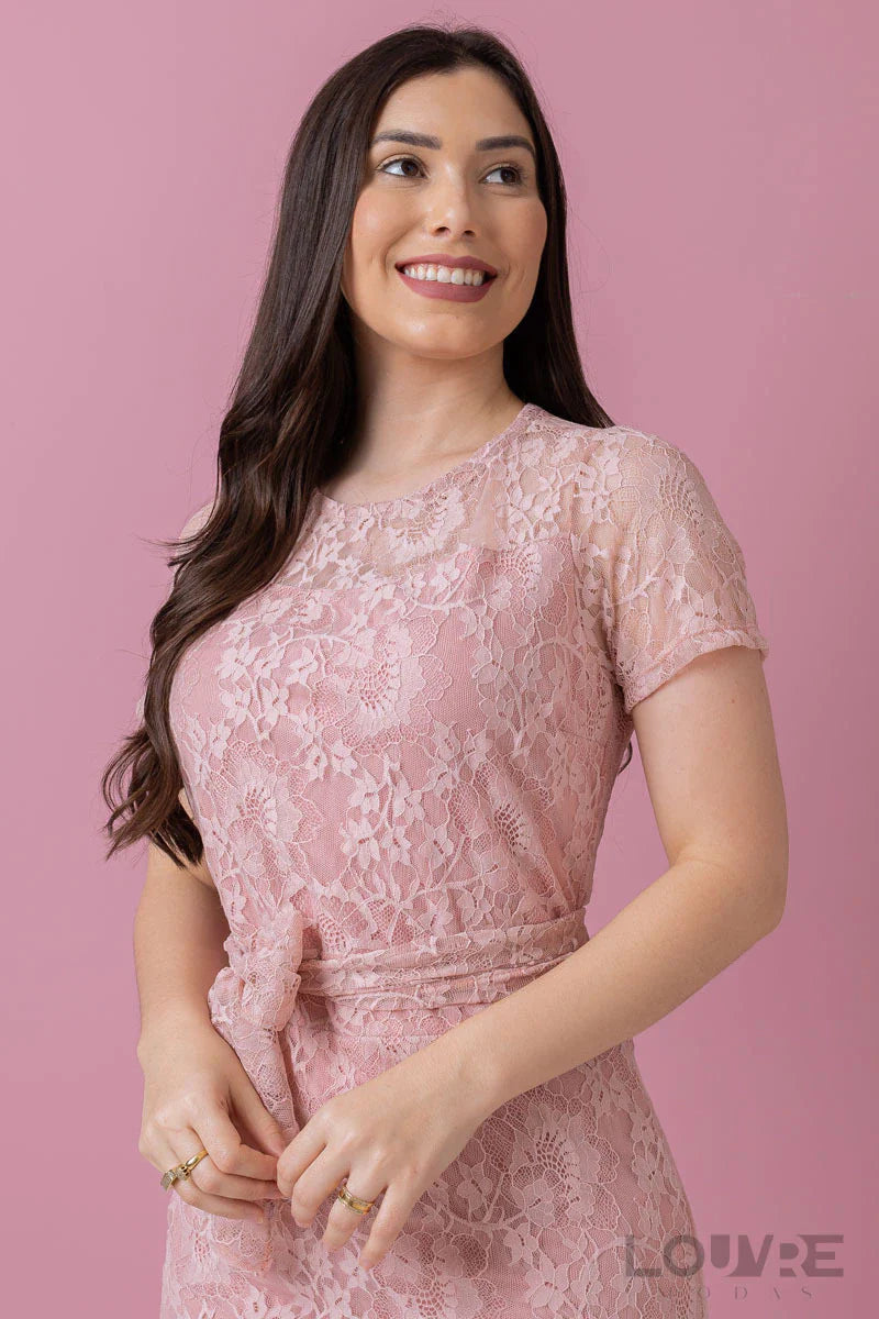 Vestido rosa Midi em Renda toda trabalhada - Lançamento Moda Evangélica