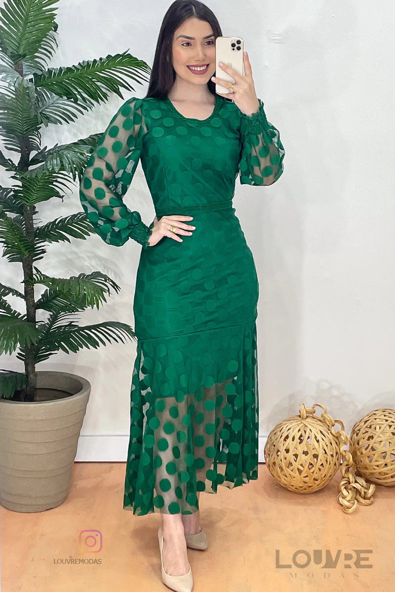 Vestido em Tule verde Forrado com detalhes em Guipir elegante - Lançamento Moda Evangélica